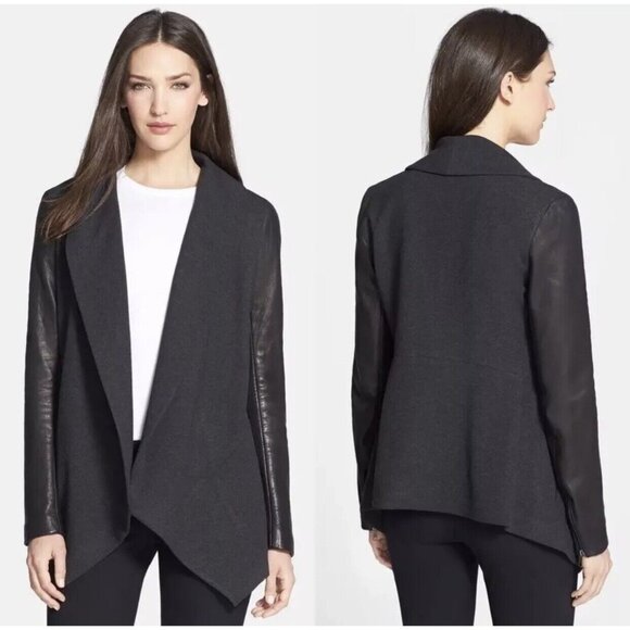 Theory Black Wool Cashmere Blend Open Blazer Jacket Lambskin Sleeves Size Petite - Picture 1 of 6